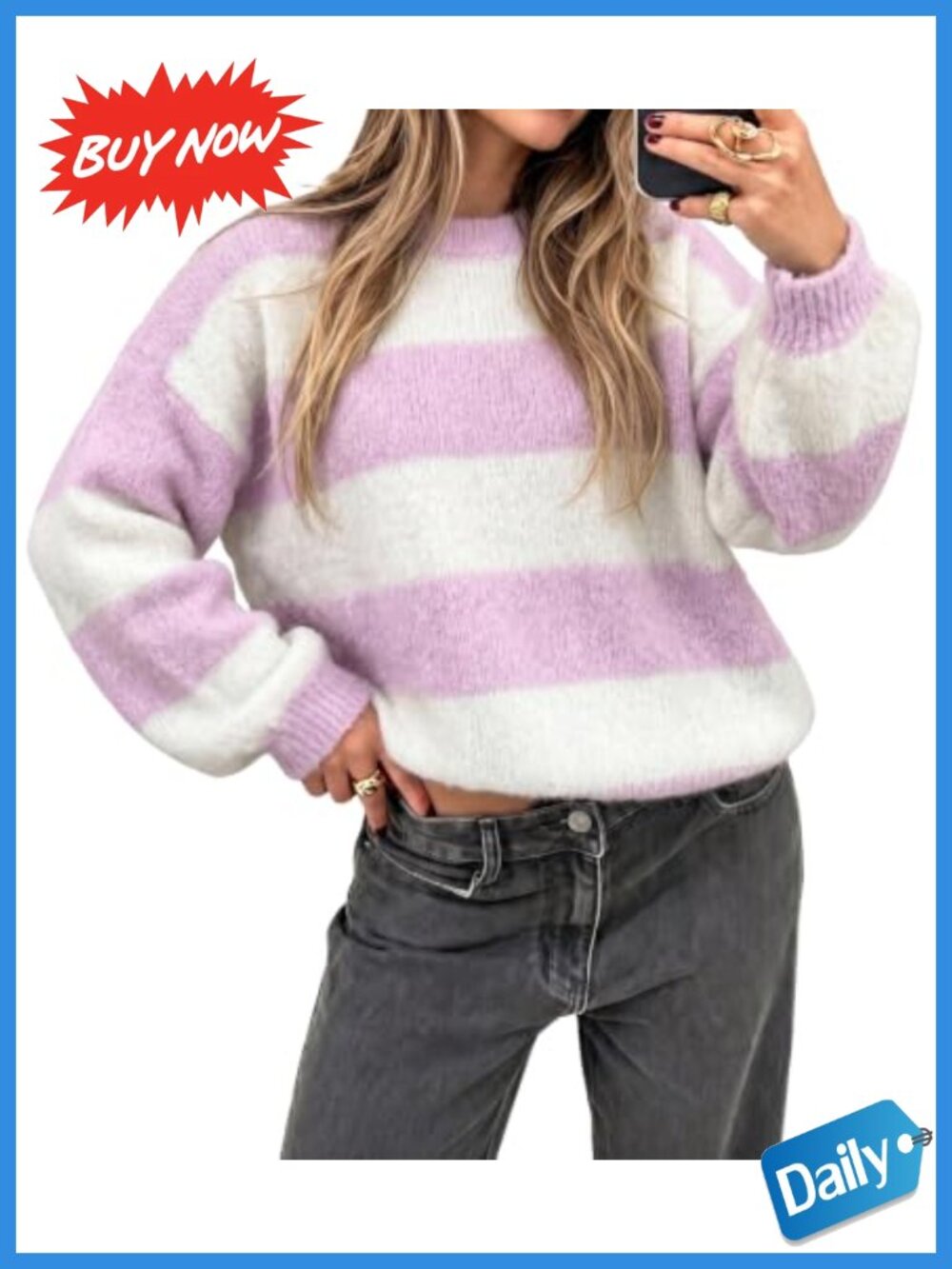 Oversized Striped Fuzzy Pullover Sweater Lantern Sleeve